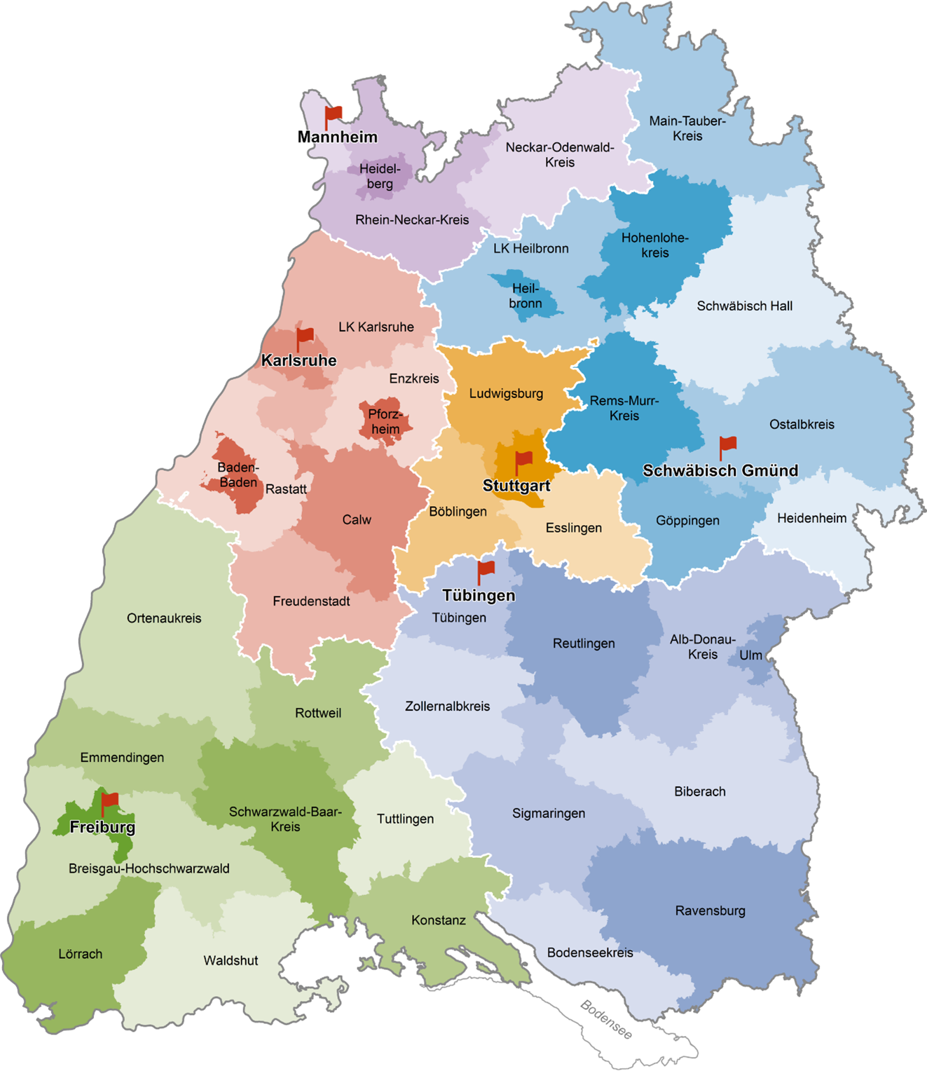 Regionalstelle Stuttgart: Stuttgart, Esslingen, Ludwigsburg, Böblingen  Regionalstelle Tübingen: Reutlingen, Tübingen, Zollernalbkreis, Sigmaringen, Bodenseekreis, Ravensburg, Biberach, Alb-Donau-Kreis, Ulm  Regionalstelle Schwäbisch Gmünd: Schwäbisch Gmünd, Göppingen, Heidenheim, Ostalbkreis, Schwäbisch-Hall, Hohenlohekreis, Main-Tauer-Kreis, Heilbronn, LK Heilbronn, Rems-Murr-Kreis  Regionalstelle Mannheim: Mannheim, Heidelberg, Rhein-Neckar-Kreis, Neckar-Odenwald-Kreis  Regionalstelle Karlsruhe: Karlsruhe, LK Karlsruhe, Enzkreis, Pforzheim, Baden-Baden, Rastatt, Calw, Freudenstadt  Regionalstelle Freiburg: Freiburg, Breisgau-Hochschwarzwald, Emmendingen, Ortenaukreis, Lörrach, Waldshut, Schwarzwald-Baar-Kreis, Rottweil, Tuttlingen, Konstanz