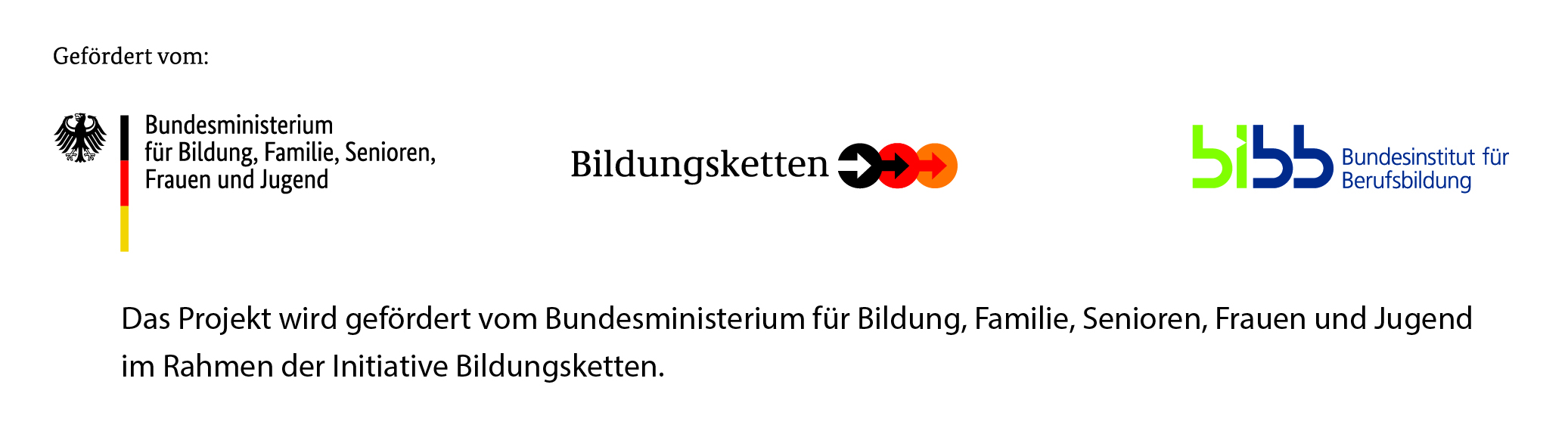 Auflistung der Förderer des Projektes: Bundesministerium für Bildung und Forschung, Initiative Bildungsketten, Bundesinstitut für Berufsbildung